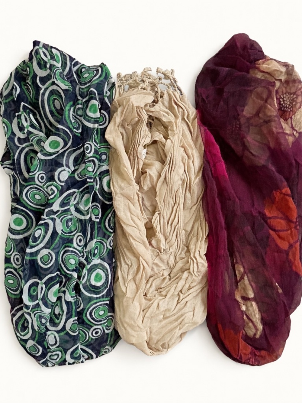 Bundle 3 Fashion Scarves Floral Geometric Beige Crinkle Wrap Set Boho